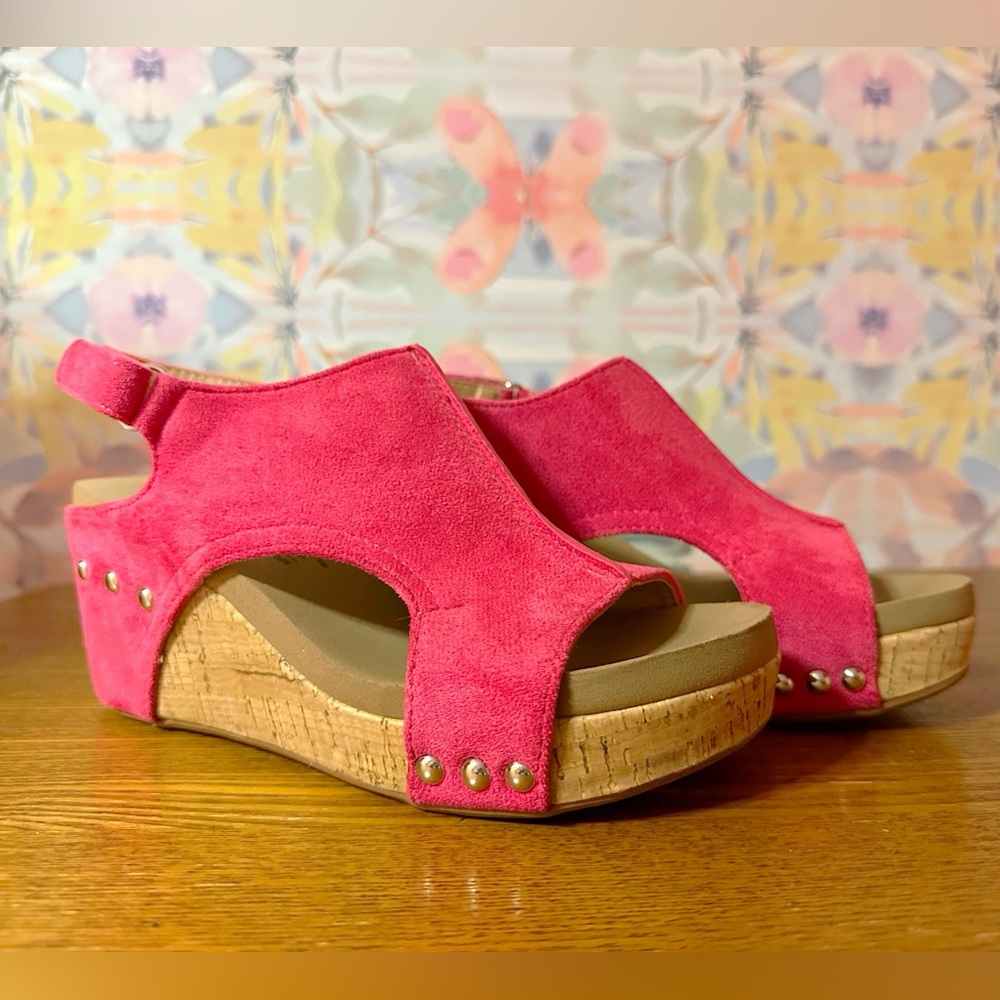Corkys Fuchsia Suede Wedge Sandals